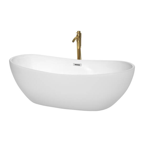 Wyndham Collection Rebecca 70 in. Acrylic Flatbottom Bathtub in White with Polished Chrome Trim and Brushed Gold Faucet