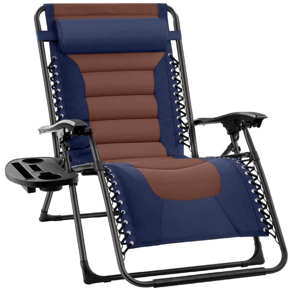 Oversized Padded Zero Gravity Navy/Brown Metal Reclining Outdoor Lawn Chair with Side Tray price history on PriceWatchPro