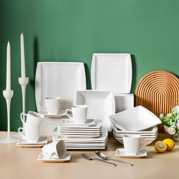 MALACASA Ivory White Dinnerware Sets, 30-Piece Porcelain Square