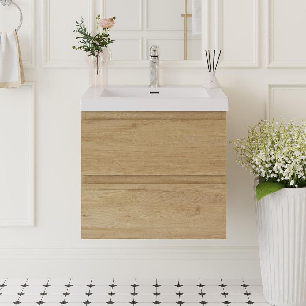 Angela 24 in. W x 18.7 in. D x 20.5 in. H Wall Mounted Floating Vanity in Natural Oak with Glossy White Top price history on PriceWatchPro