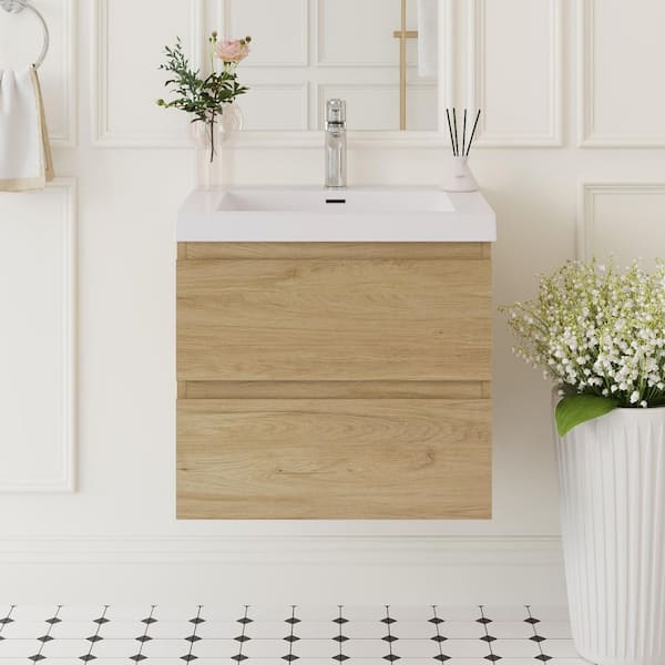 Abruzzo 23-5/8 in. W x 19-3/4 in. D x 22-1/2 in. H Bathroom Wall Hung Vanity in Natural Oak with Single Basin Top in White