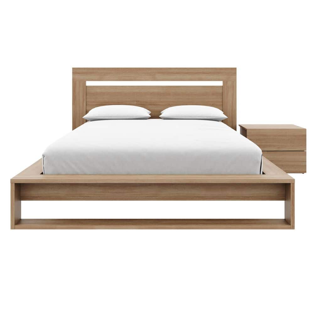 Nexera Lido Brown Oak Frame Queen Size Platform Bed with Slats