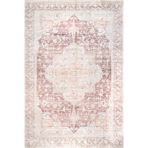 Rosa Machine Washable Distressed Vintage Medallion Light Pink Doormat 3 ft. x 5 ft. Traditional Accent Rug