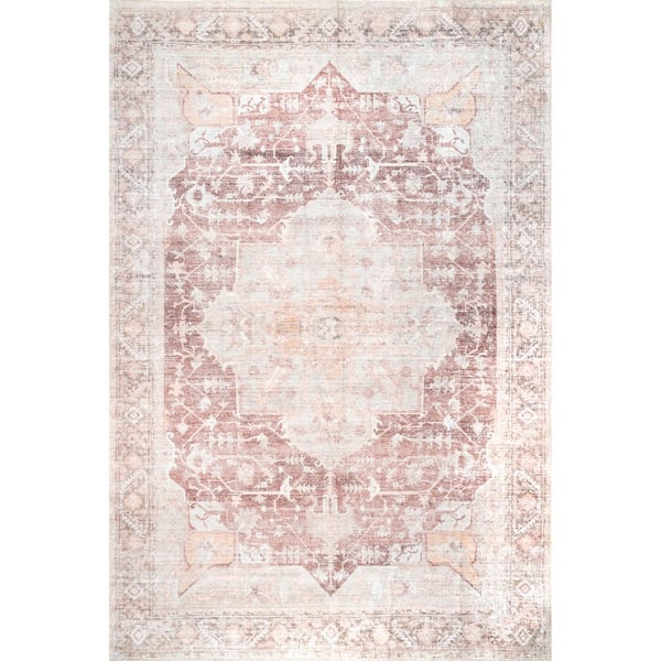 Rosa Machine Washable Light Pink 9 ft. x 12 ft. Distressed Vintage Medallion Traditional Area Rug