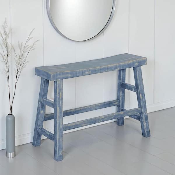 Benjara Rena Ocean Rustic Blue Bench with Bar Height 33 in.