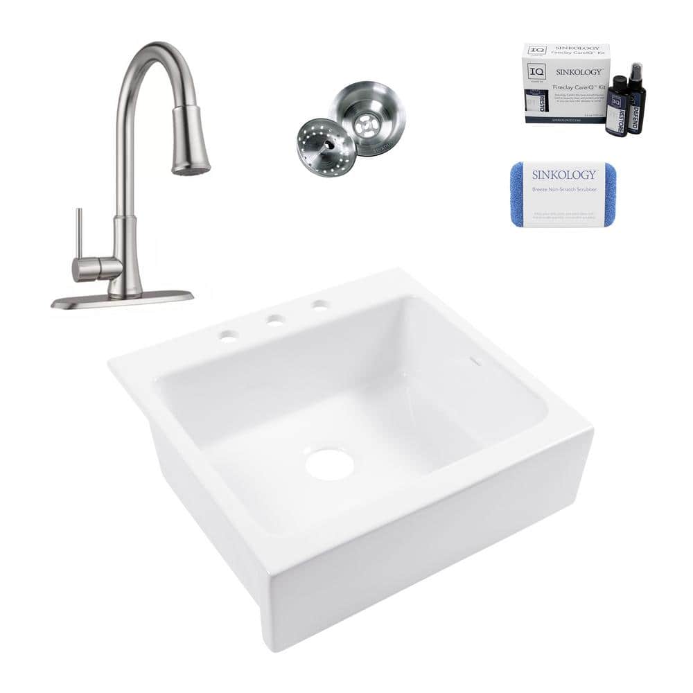 Parker Fireclay 26" White Single Bowl Farmhouse Sink with Stainless Steel Faucet