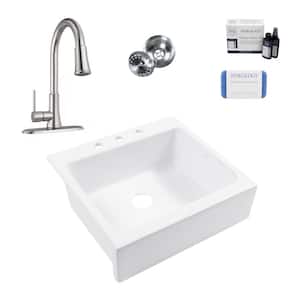 Josephine 26 in. 3-Hole Quick-Fit Farmhouse Apron Drop-in Single Bowl White Fireclay Kitchen Sink with Pfirst Faucet Kit