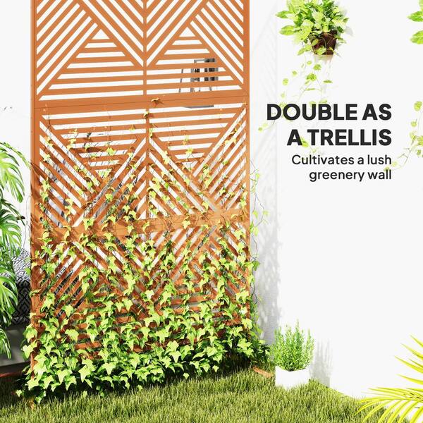 Outsunny - Steel Outdoor Privacy Screen, 78in. H x 48 in. W Decorative Privacy Fence Screen, Freestanding Divider with Stand, Brown