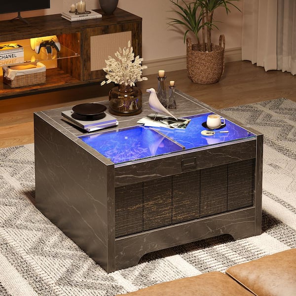 Bestier 31.5 in. Black Marble Square Wood Coffee Table with LED  