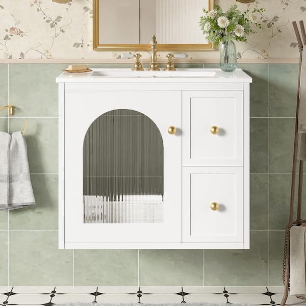 24 in. White Bath Vanity with White Ceramic Top with Ceramic Sink, 2-Drawers and 1-Soft-Close Door