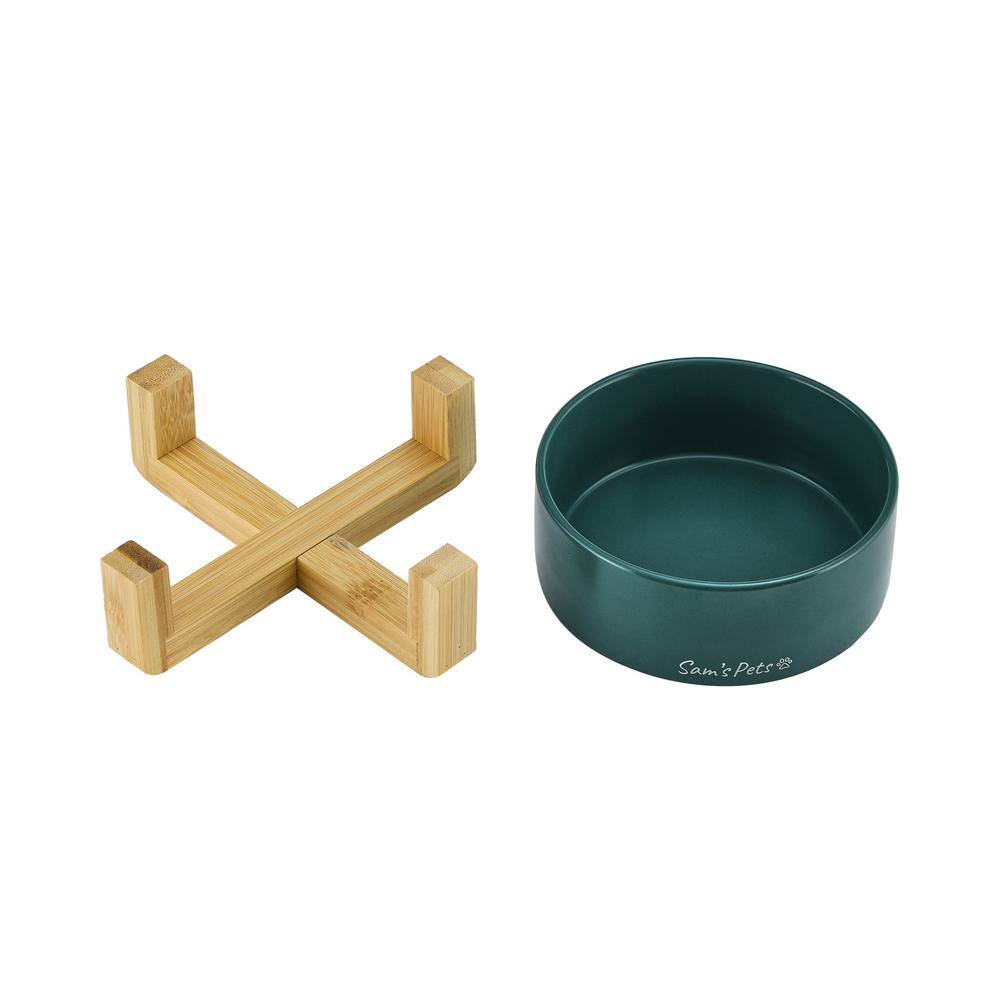 Green Ceramic Pet Bowl with Wooden Stand