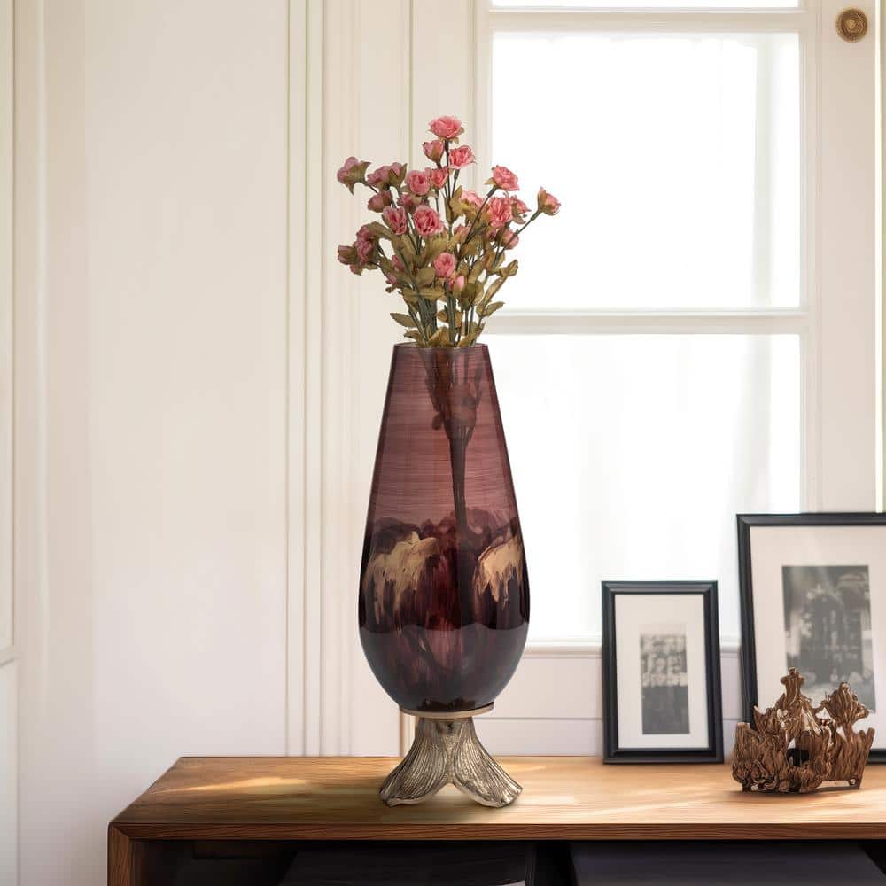 15" Bronze & Copper Glass Vase with Leaf Base
