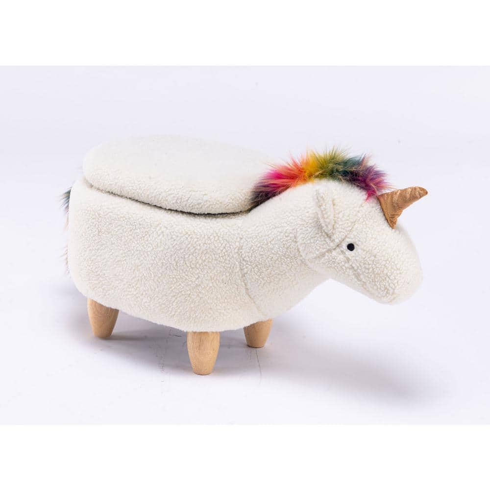 White and Multicolor Unicorn Fabric Storage Ottoman