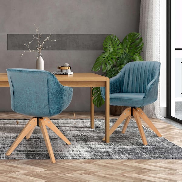 Costway Blue Swivel Accent Chair Modern Leathaire Armchairs w/Beech Wood Legs Set of 2