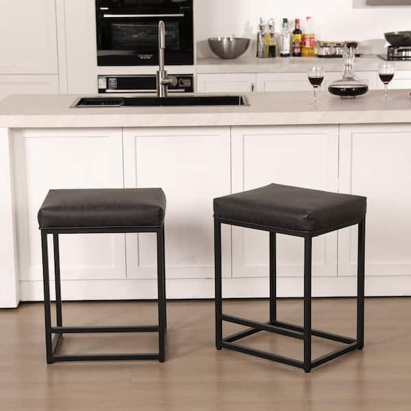 24 in. Black Rectangular Faux Leather Cushion Backless Bar Stool Metal Steel Frame Base with Footrest (Set-2)
