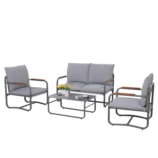 SOTEN RUGGED TABLET LLC 4-Piece Outdoor Metal Conversation Set, Comfortable Single Double Patio Table and Chairs with Coffee Table, Light Gray
