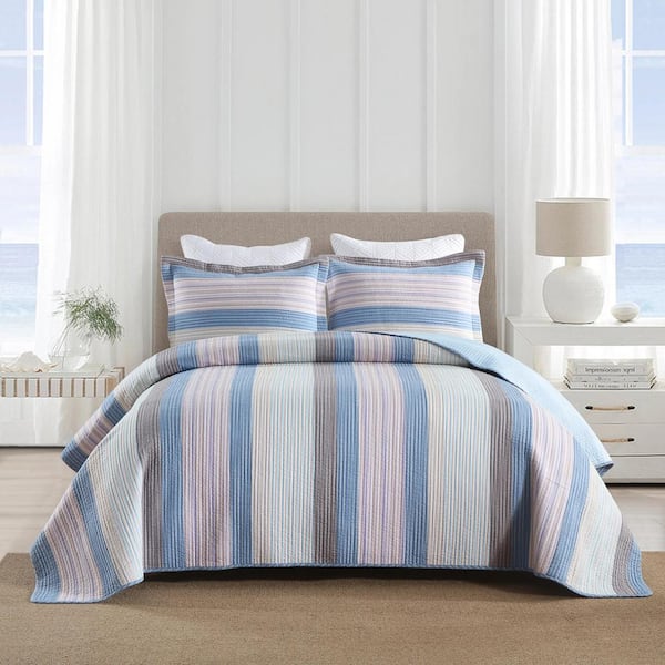 CP323 Blue King Size 100% Cotton Striped Quilt Set Lightweight Bedspread Set
