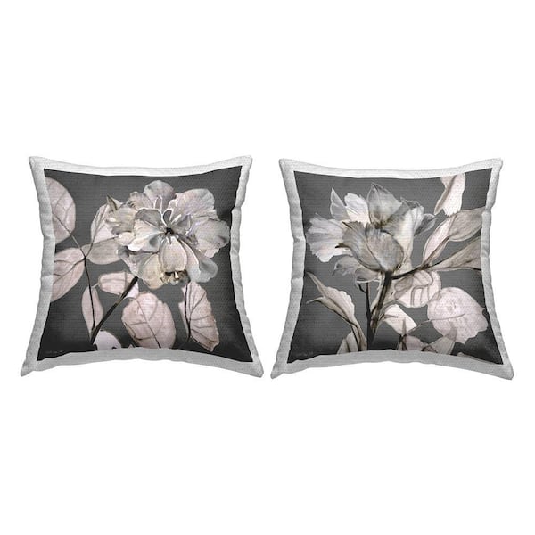Gray Floral Close Up Neutral Flowers Grey Square Outdoor Throw Pillow 2-Pack