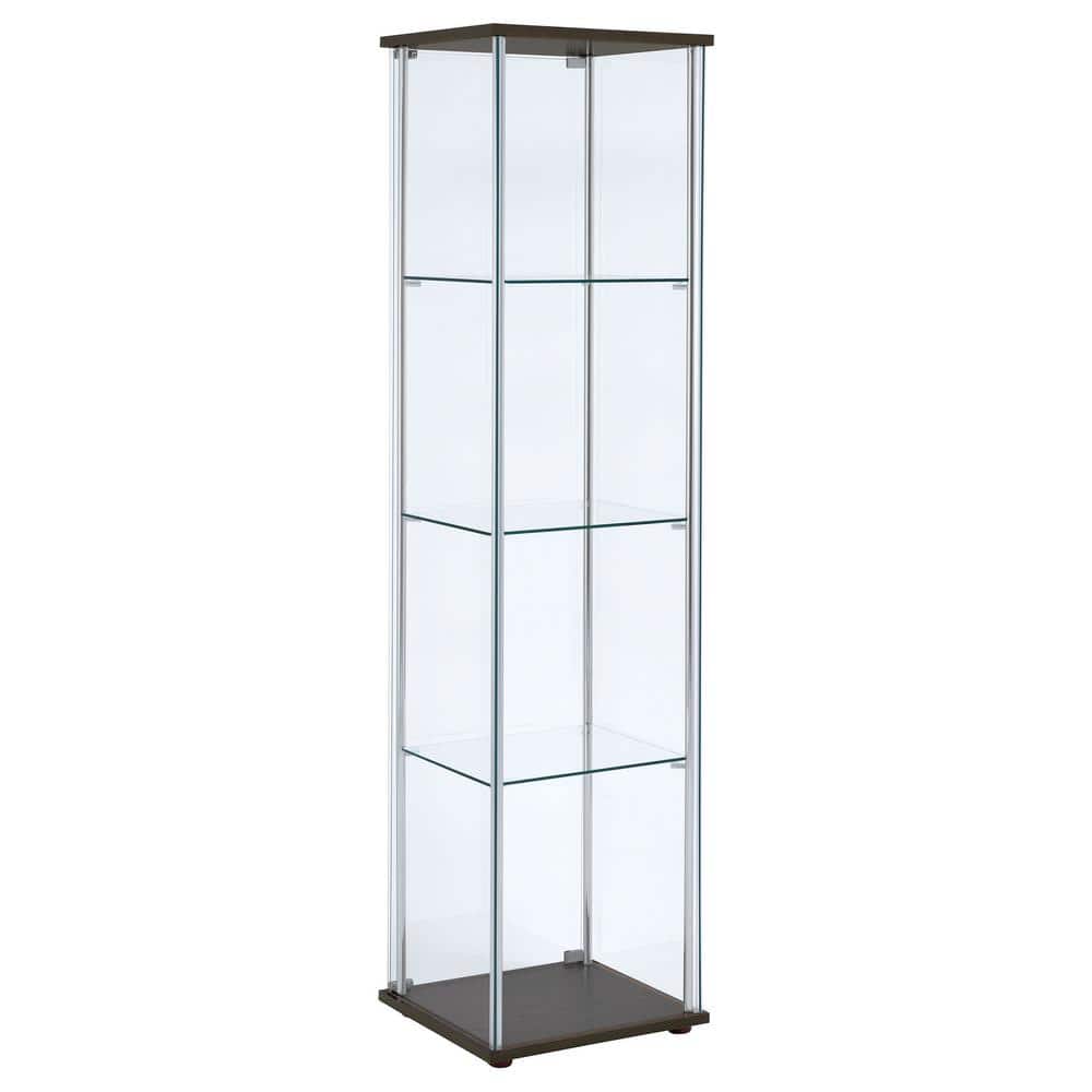 Transitional Cappuccino and Chrome Lighted Curio Cabinet with Glass Shelves
