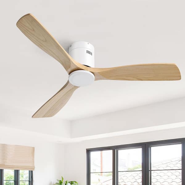 52 in. Indoor/Outdoor Wood Flush Mount White Ceiling Fan without Light, 6-Speed DC Remote Control for Living Room