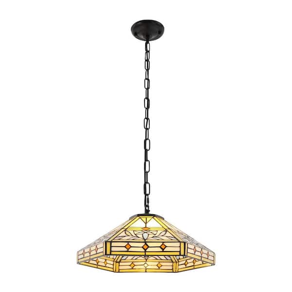 2-Light Multicolored Tiffany Style Shaded Pendant Light with Adjustable Height and Glass Shade, No Bulbs Included
