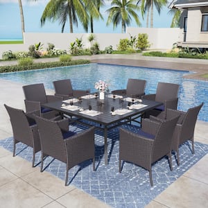 Black 9-Piece Metal Patio Outdoor Dining Set with Slat Square Table and Rattan Chairs with Blue Cushion