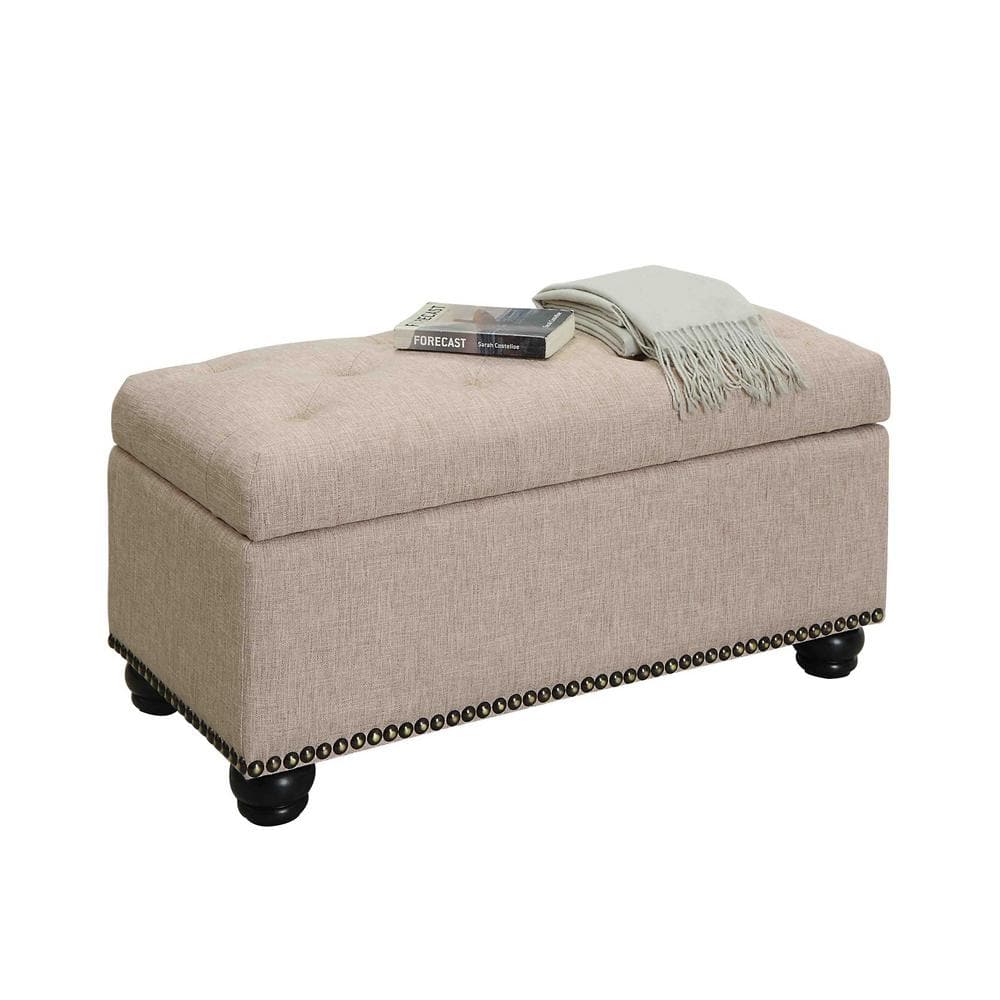 Tan Tufted Fabric Storage Ottoman with Nailhead Trim