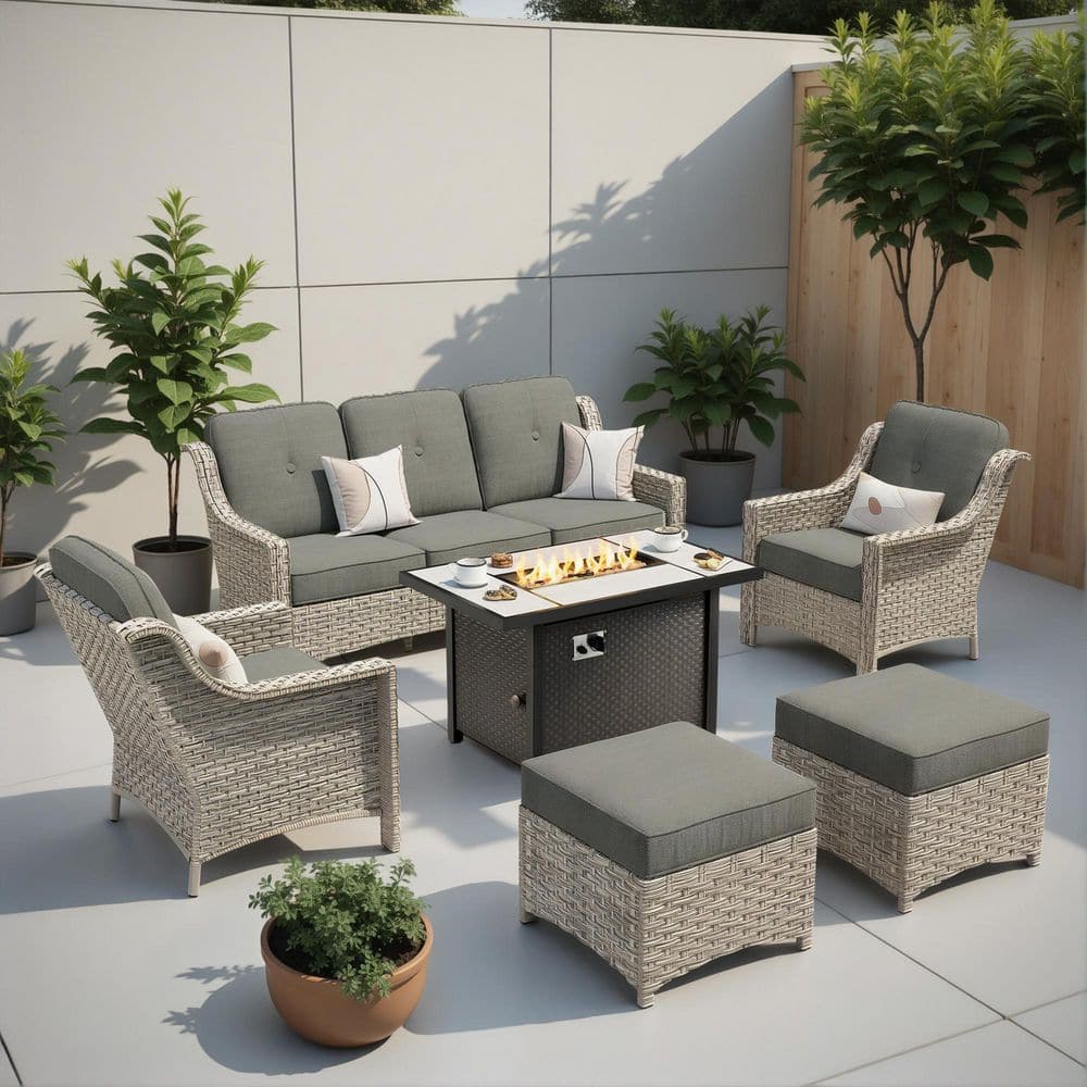 Miracle 6 Pieces Wicker Outdoor Patio Rectangular Fire Pit Set with Dark Gray Cushions price history on PriceWatchPro