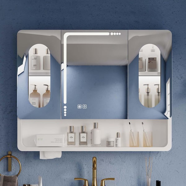 35.4 in. W x 27.6 in. H Rectangular Aluminum Medicine Cabinet with Mirror, 3-Colors LED Light and Defogging Function