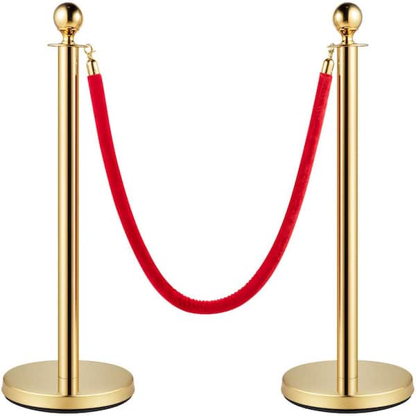 6-Pack Stanchion Set, Stainless Steel Gold-Colored with Red Retractable Rope, 38 In. es, Suitable for Indoor and Outdoor