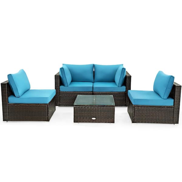 Gymax 5-Piece Rattan Outdoor Patio Conversation Set Sofa Furniture Set with Turquoise Cushions