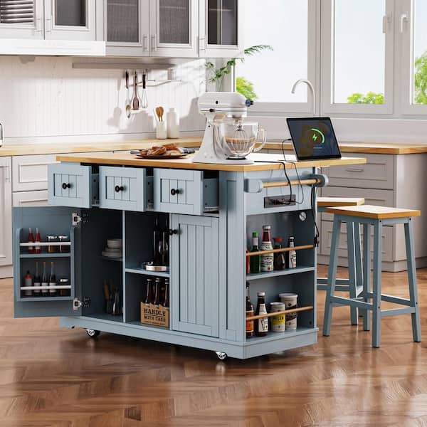 Gray Blue Wood 53 in. Kitchen Island on 5 Wheels with Drop Leaf and 3 Drawers