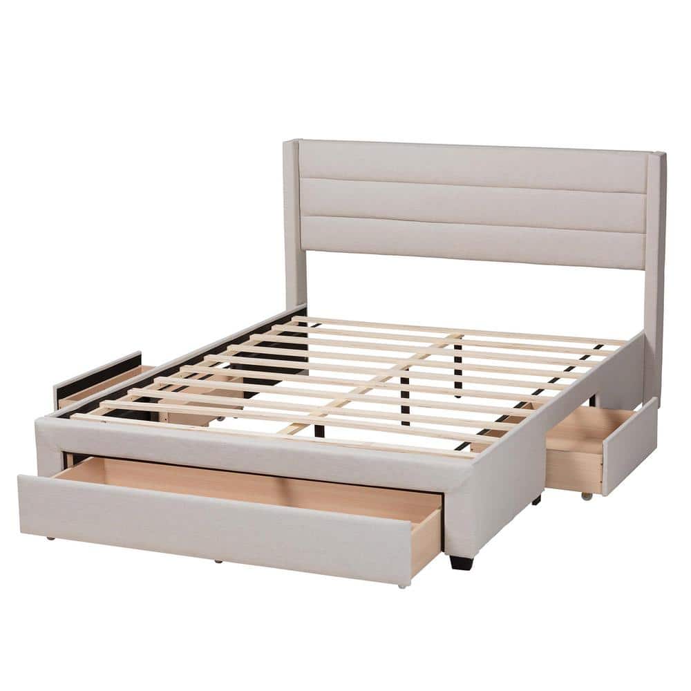 Beige and Dark Brown Upholstered Full Storage Platform Bed with Drawers
