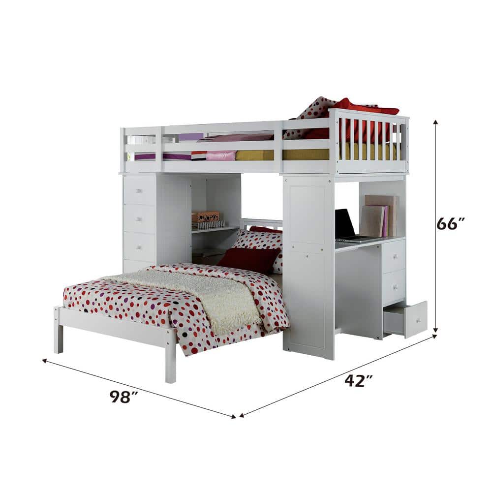 White Twin Loft Bed with Bookcase and Storage Drawers