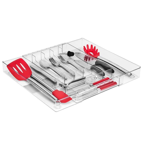 Expandable Silverware Organizer, 2 H x 10 W x 17 in. D Modern Clear Plastic Utensil Tray, Kitchen Drawer Organizer