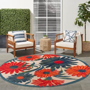 Aloha Ivory Multicolor 5 ft. Round Floral Contemporary Indoor/Outdoor Area Rug