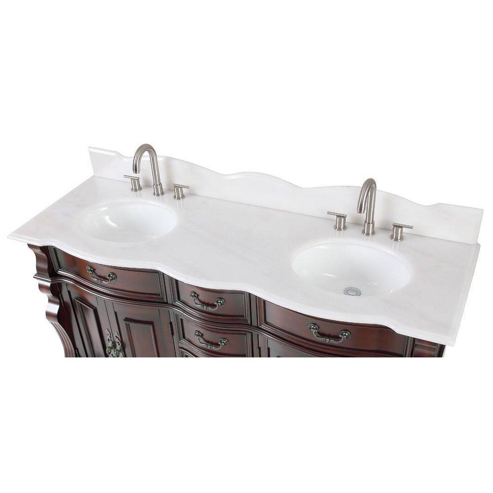 Cherry Brown Double Sink Bathroom Vanity with White Marble Top