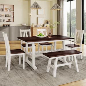 Farmhouse 6-piece Walnut and White Rectangle MDF Top Dining Table Set Seats 6