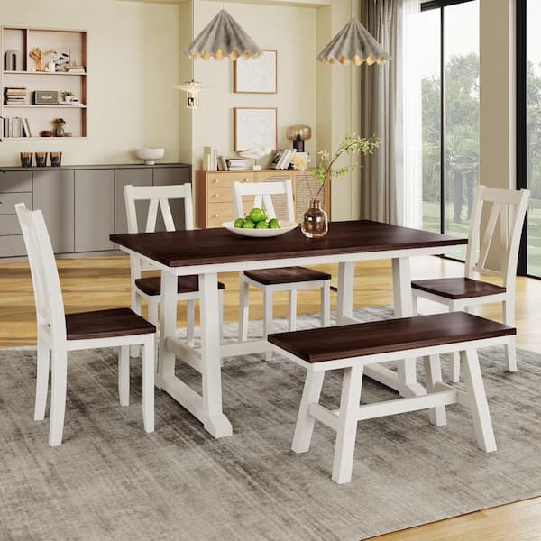 Harper & Bright Designs Farmhouse 6-piece Walnut and White Rectangle MDF Top Dining Table Set Seats 6