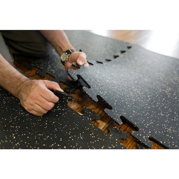 Black with Tan 24 in. x 24 in. Finished Corner Recycled Rubber Floor Tile (16 sq. ft. / case) Black with Tan 24 in. x 24 in. Finished Corner Recycled Rubber Floor Tile (16 sq. ft. / case)