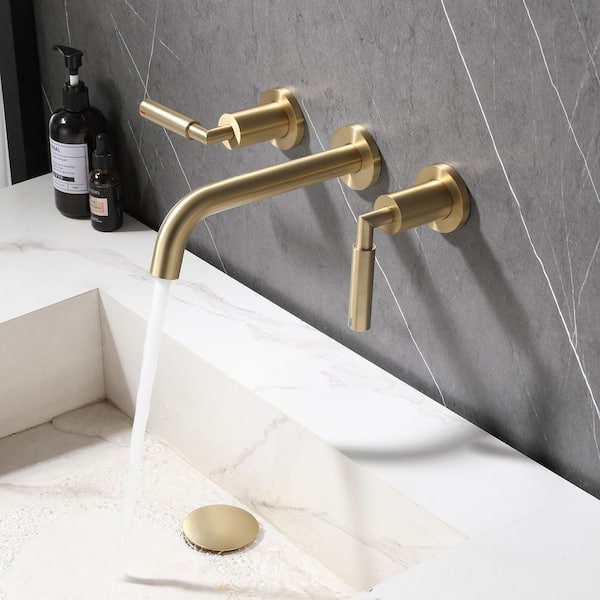 Double Handle Wall Mounted Bathroom Sink Faucet with Pop-Up Drain Assembly in Brushed Gold