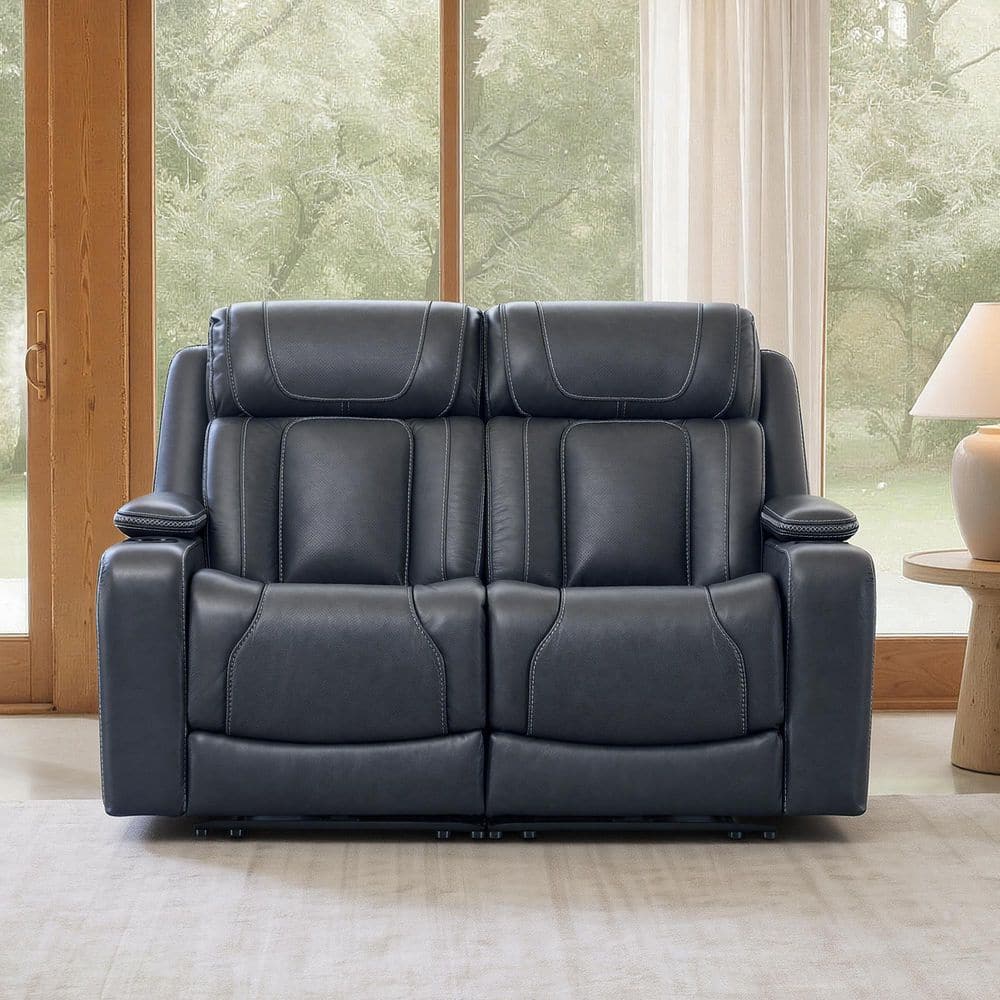 Spruce & Spring Ziva 61.02 in. Navy Triple Motor Grain Leather ...