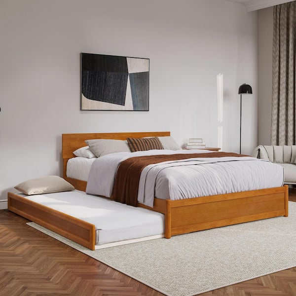AFI Wesley Light Toffee Natural Bronze Solid Wood Frame Queen Platform Bed with Panel Footboard and Twin XL Trundle