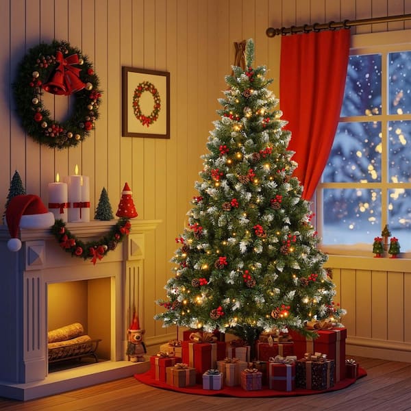 7.5 ft. Green Pre-Lit Artificial Christmas Tree with 400 LED Lights Decorated with Pine Cones