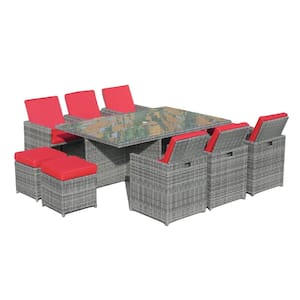Cord Grey 11-Piece Wicker Rectangle Outdoor Dining Set with Red Cushions