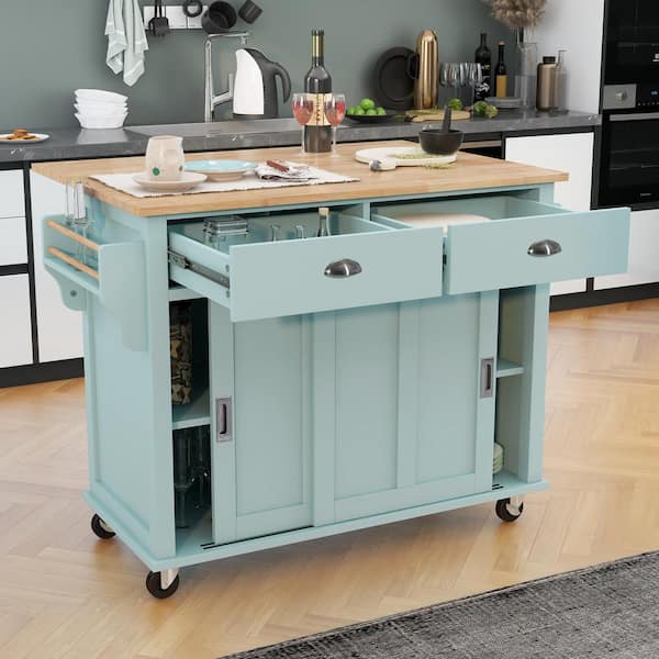 Cesicia Mint Green Rubberwood Drop-Leaf Countertop 52.2 in. Kitchen Island Cart Sliding Barn Door with Storage and 2-Drawer