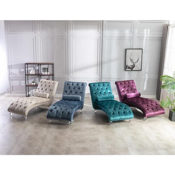 Modern Glossy Begie Velvet Wood Tufted Buttons Chaise Lounge