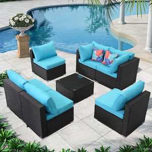 7-Piece Wicker Outdoor Sectional Set Patio Conversation Sofa Set with Blue Cushions