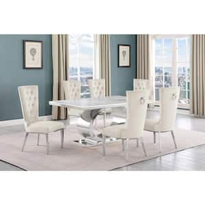 Ibraim 7-Piece Rectangle White Marble Top with Stainless Steel Base Dining Set with 6 Cream Velvet Fabric Chairs