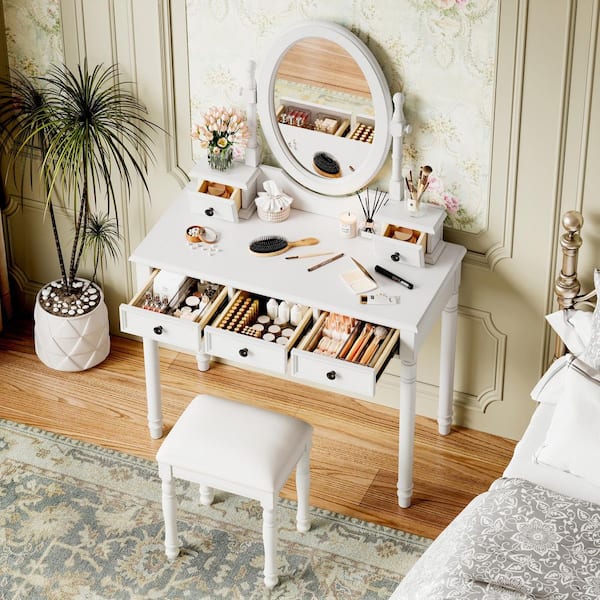 Retro Style 2-Piece White Makeup Vanity Set with PU Leather Cushioned Stool, Adjustable Angle Mirror, 5-Drawer